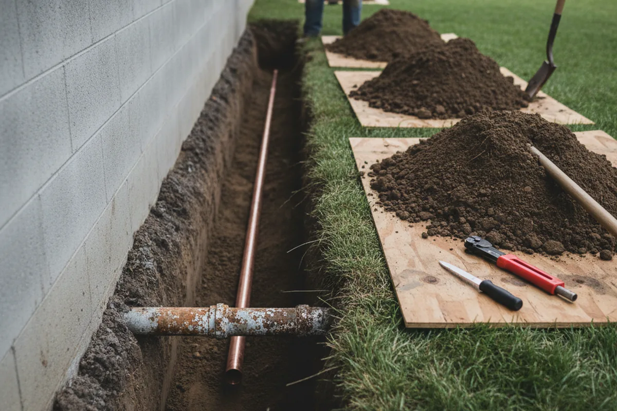 Excavated water line trench during Sewer Line Repair in Bendena